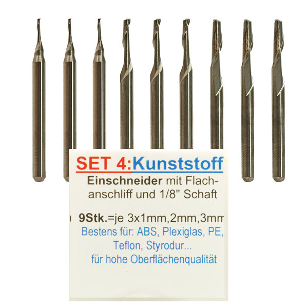 SET4: 9 Stk. Kunststoff Fräser Einschneider -  (je3x1mm,2mm,3mm) Flachanschliff